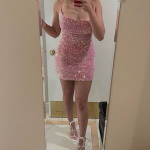 Strapless EUC Pink and Purple Sequined mini dress size M Made in Los Angeles